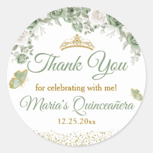 Sticker Rond Gold Quinceañera Sage Merci de la Couronne verte