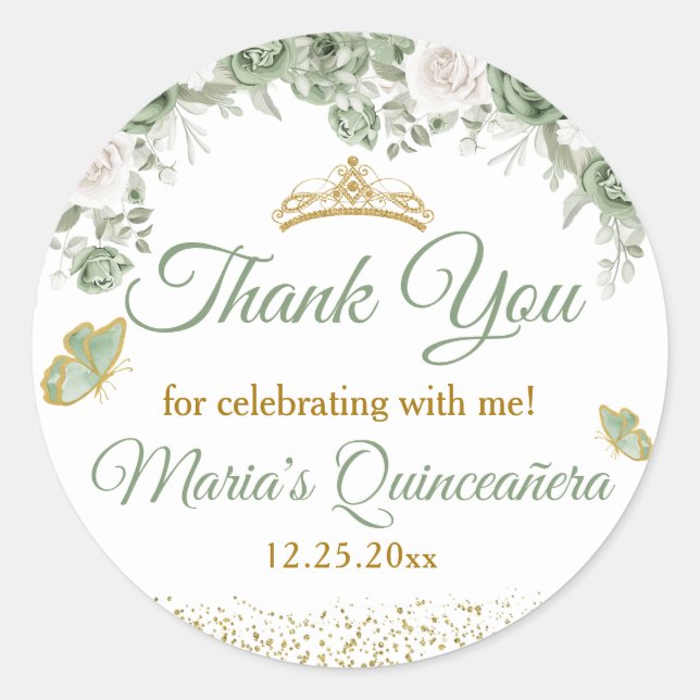 Sticker Rond Gold Quinceañera Sage Merci de la Couronne verte (Devant)