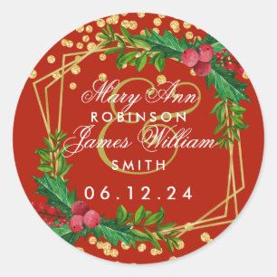 Sticker Rond Gold Red Holiday Enregistrer la date Mariage Holly