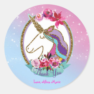 Sticker Rond Gold rose violet magique Unicorne fête d'anniversa