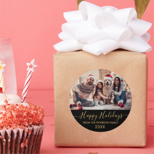 Sticker Rond Gold Script Black Family Photo Joyeux jours fériés (Fête)