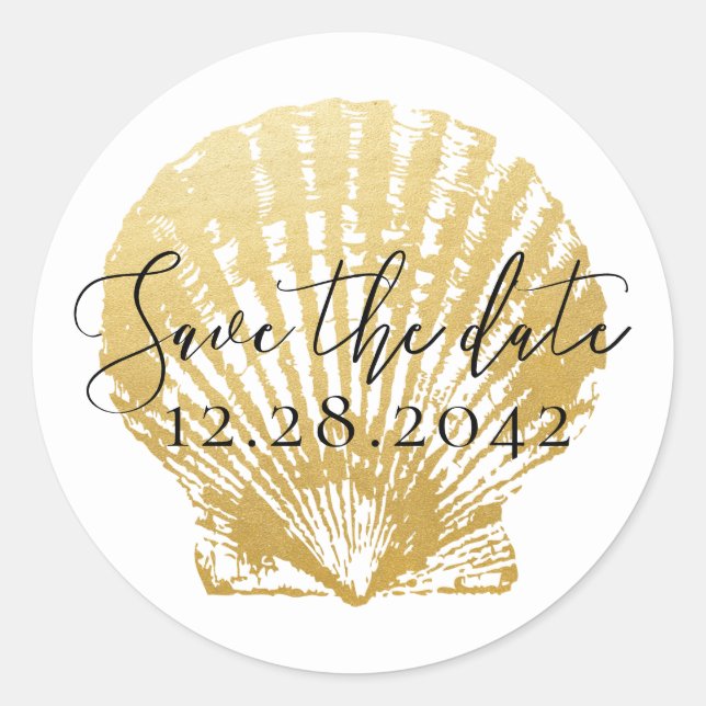 Sticker Rond Gold Seashell Beach Wedding Enregistrer la date (Devant)