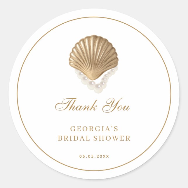 Sticker Rond Gold Seashell Coastal Bridal Shower Thank You (Devant)