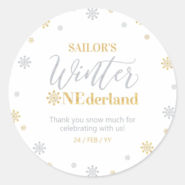 Sticker Rond Gold Silver hiver onderland Merci neige beaucoup (Devant)
