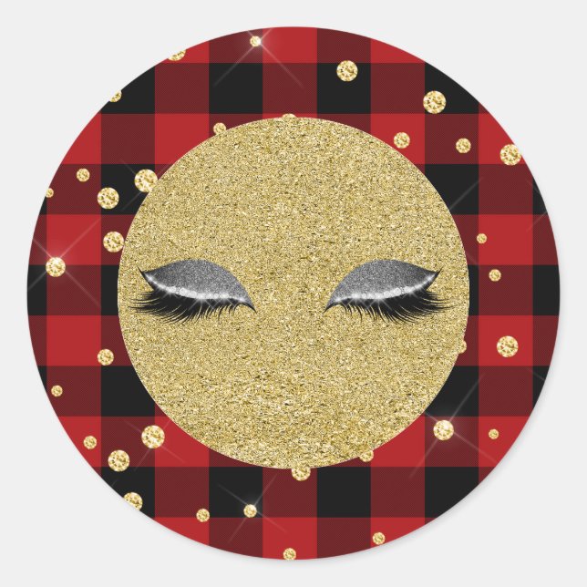Sticker Rond Gold Silver Lashes Holiday Red Buffalo Plaid (Devant)