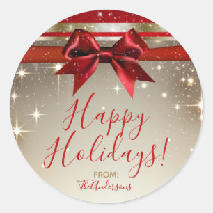 Sticker Rond Gold Sparkle Red Bow Elegant Glam Holiday Favorise