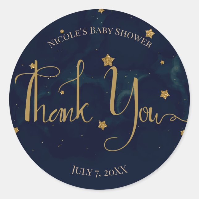 Sticker Rond Gold Stars Bleu foncé nuit Ciel Baby shower jumeau (Devant)