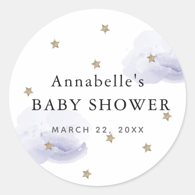 Sticker Rond Gold Stars & Fluffender Lavender Clouds Baby showe (Devant)