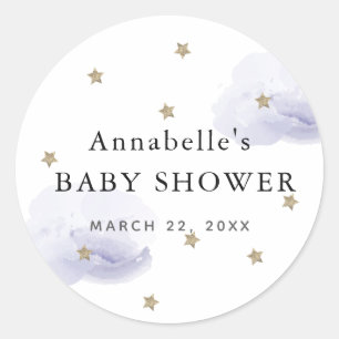 Sticker Rond Gold Stars & Fluffender Lavender Clouds Baby showe