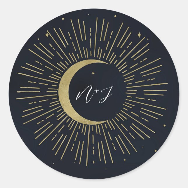 Sticker Rond Gold Stars Night Celestial Sunburst Moon Mariage (Devant)