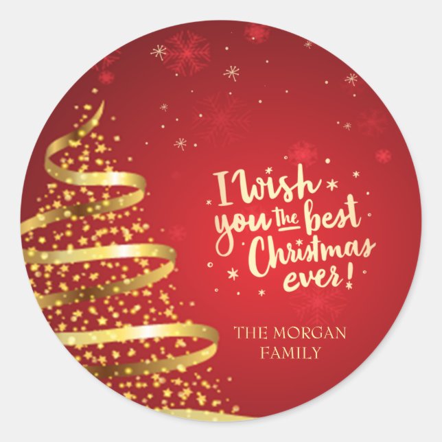 Sticker Rond Gold Tree Je Vous Souhaite Le Meilleur Noël Jamais (Devant)
