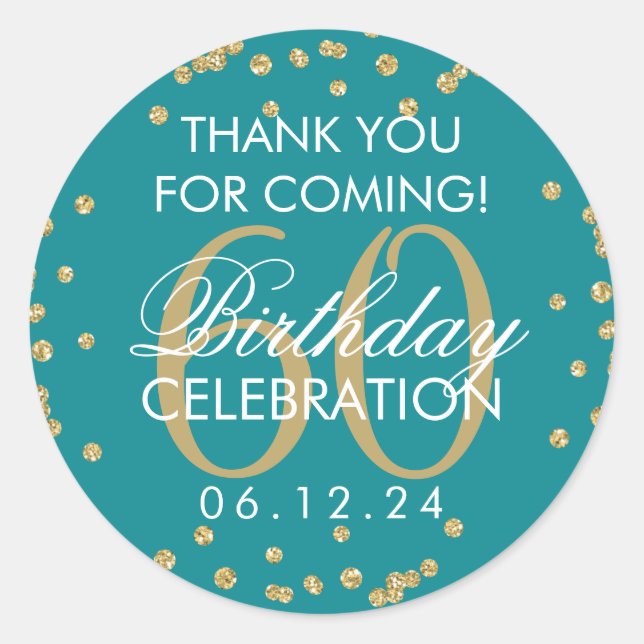 Sticker Rond Gold Turquoise 60e anniversaire Merci Parties scin (Devant)
