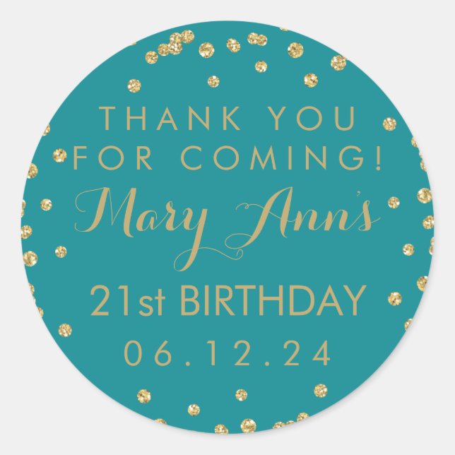 Sticker Rond Gold Turquoise Merci bleu 21e anniversaire Confett (Devant)