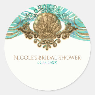 Sticker Rond Gold & Turquoise Sea Shell Glam Beach Élégant Fave