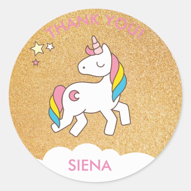 Sticker Rond Gold Unicorn Anniversaire Merci de fête (Devant)
