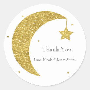 Sticker Rond Gold & White Moon & Stars Baby shower Favoriser