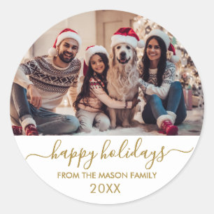 Sticker Rond Gold White Script Famille Photo Joyeux Vacances