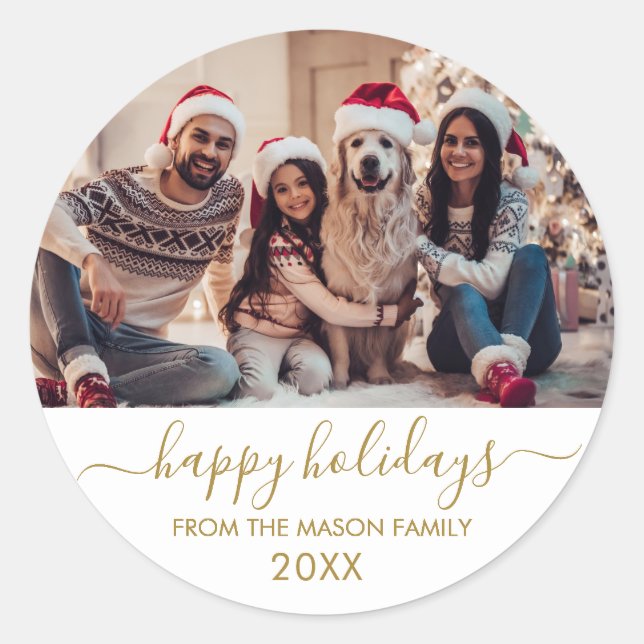 Sticker Rond Gold White Script Famille Photo Joyeux Vacances (Devant)