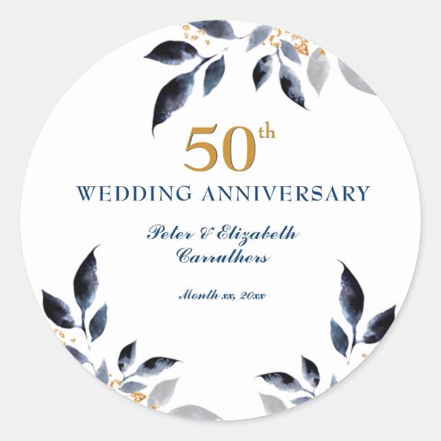 Sticker Rond Golden 50e anniversaire Mariage, or et marine (Devant)