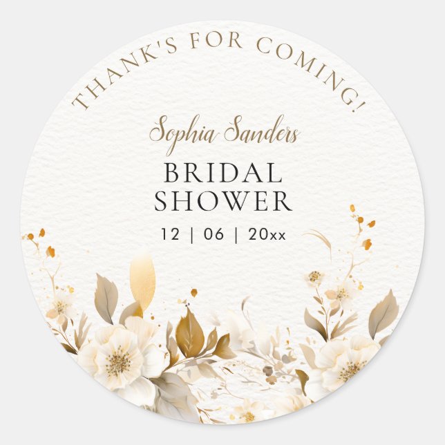 Sticker Rond Golden and Beige Watercolor Flowers Bridal Shower (Devant)