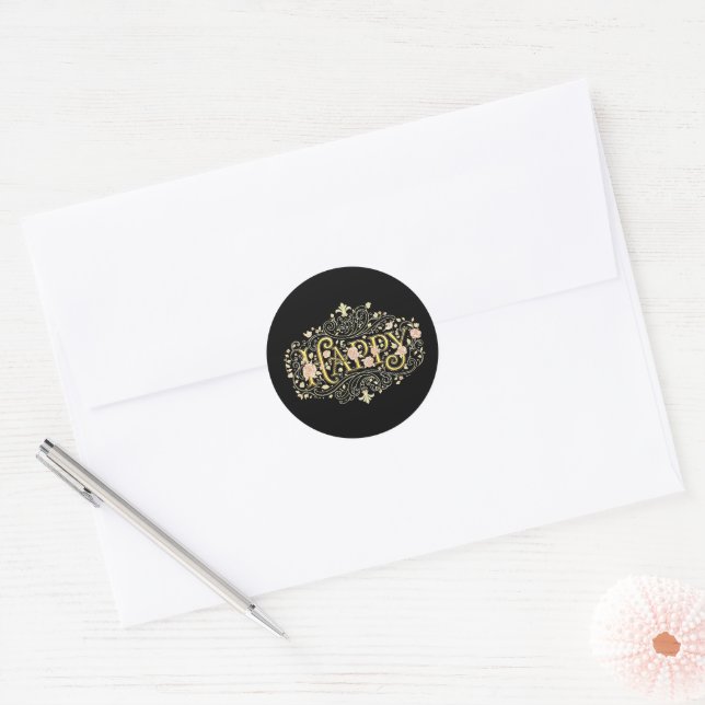 Sticker Rond Golden Bliss: Elegant Floral Happy (Enveloppe)