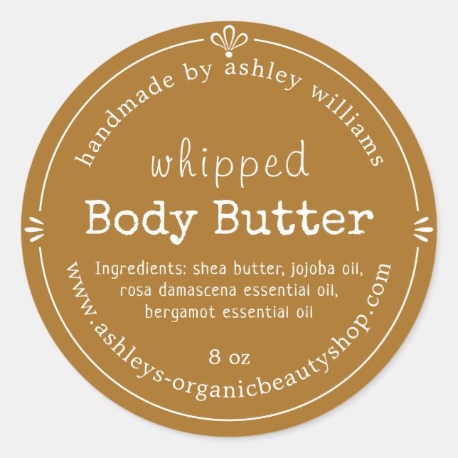 Sticker Rond Golden Brown Script Handmade Body Butter Label (Devant)
