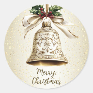 Sticker Rond Golden Christmas Bell Shiny Stars Green Feuilles