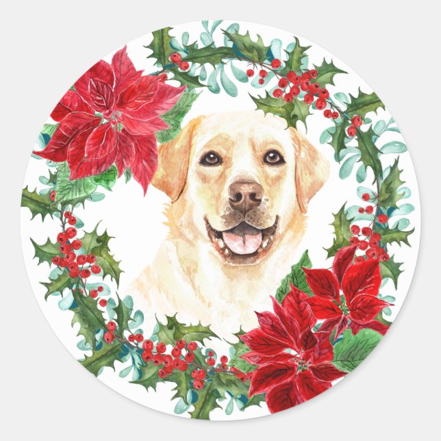 Sticker Rond Golden Lab Poinsettia Holly Wreath (Devant)