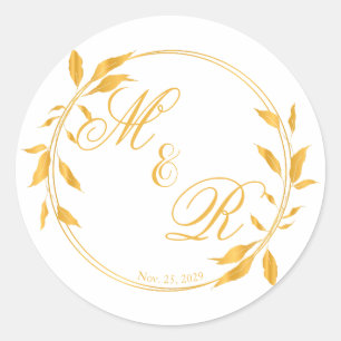 Sticker Rond Golden Leafy Wreath Monogrammed Wedding Favor