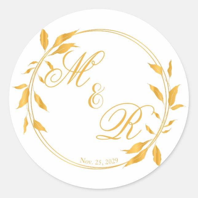 Sticker Rond Golden Leafy Wreath Monogrammed Wedding Favor (Devant)