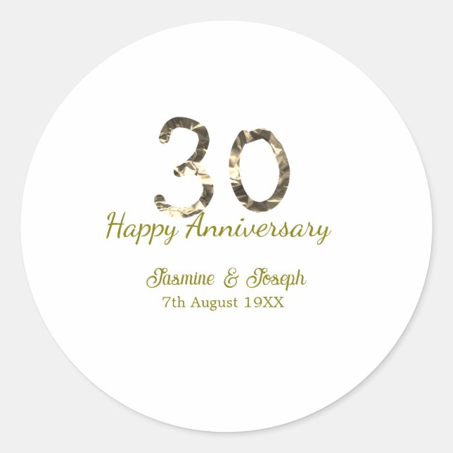 Sticker Rond Golden Metallic 30th Happy anniversary add name (Devant)