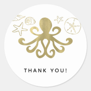 Sticker Rond Golden Octopus & Sea Shells Beach Anniversaire Fêt