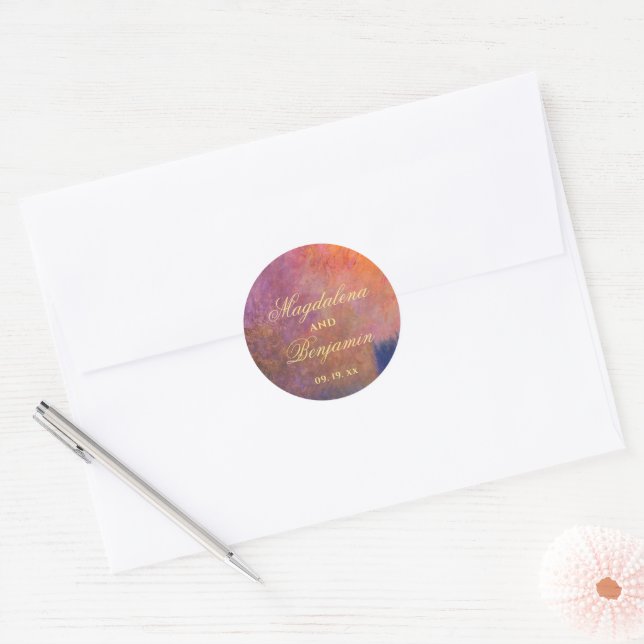Sticker Rond Golden Orange Purple Sunset Sky Monet Art Wedding (Enveloppe)