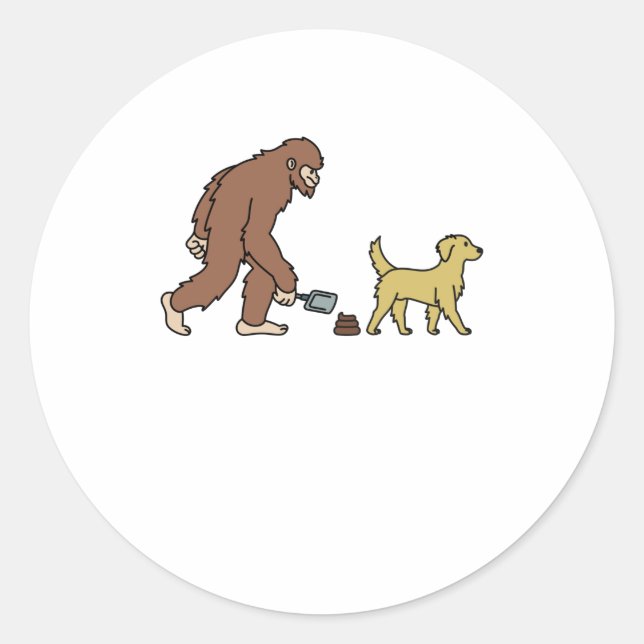 Sticker Rond Golden Retriever Bigfoot Sasquatch Poop (Devant)