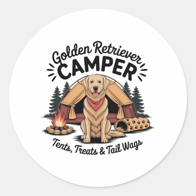 Sticker Rond Golden Retriever Camper– Tents, Treats & Tail Wags (Devant)