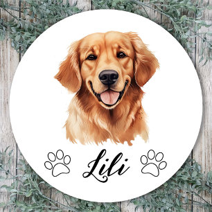 Sticker Rond Golden Retriever Chien Dessin à la Main Personnali