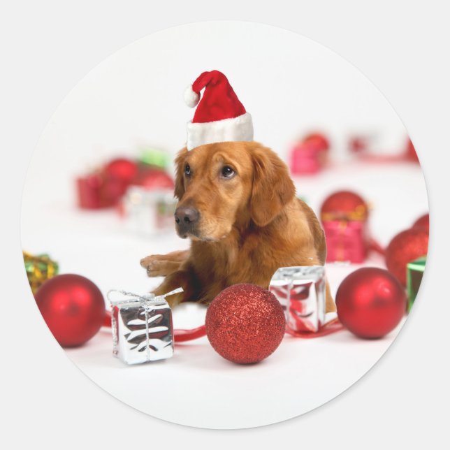 Sticker Rond Golden Retriever Chien W Red Santa Chapel Noël (Devant)