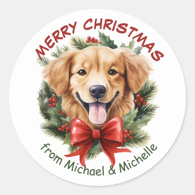 Sticker Rond Golden Retriever Chiot Noël Red Bow Wreath (Devant)