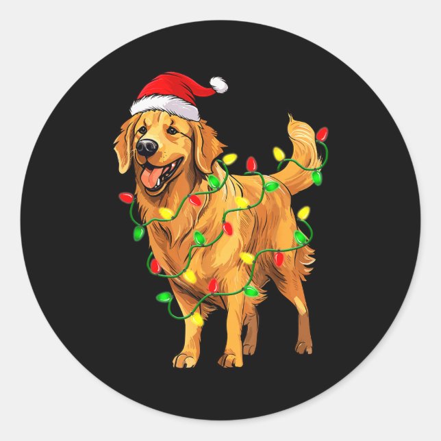 Sticker Rond Golden Retriever Christmas Santa Hat Tree Lights P (Devant)