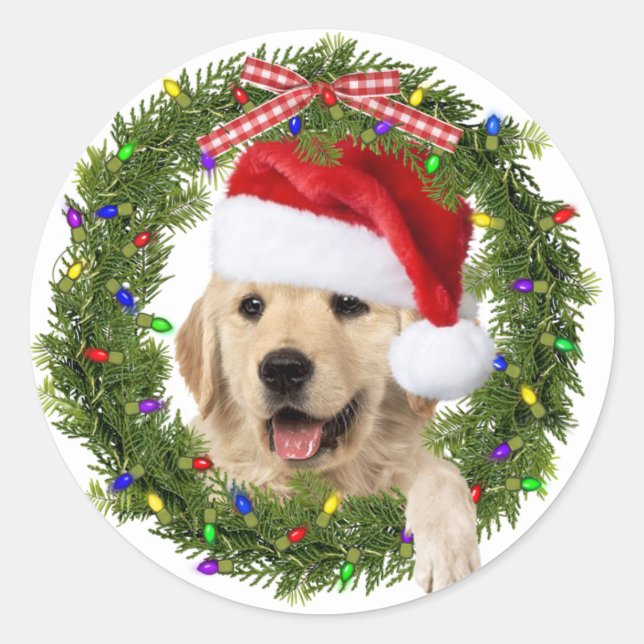 Sticker Rond Golden Retriever dans la couronne de Noël (Devant)