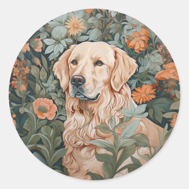 Sticker Rond Golden Retriever dans le style de William Morris (Devant)