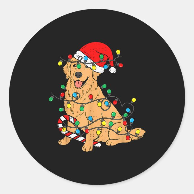 Sticker Rond Golden Retriever Dog Christmas Lights Xmas Pet Dog (Devant)