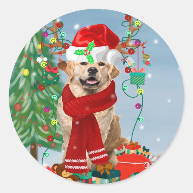Sticker Rond Golden Retriever Dog en neige avec cadeaux de Noël (Devant)