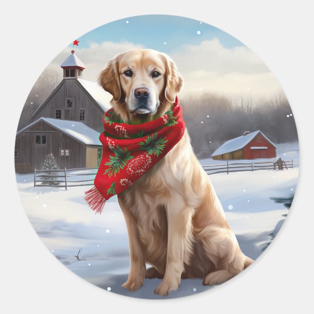 Sticker Rond Golden Retriever Dog in Snow Christmas (Devant)