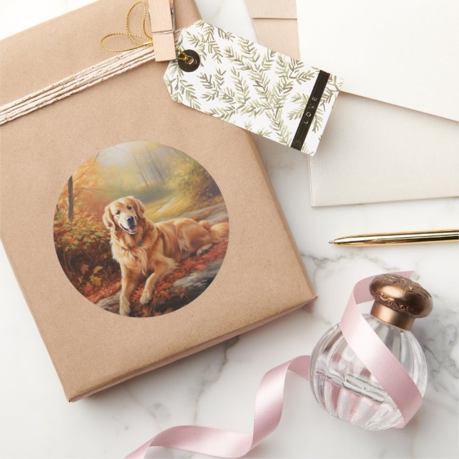 Sticker Rond Golden Retriever en automne Leaves automne Inspire (Cadeaux)