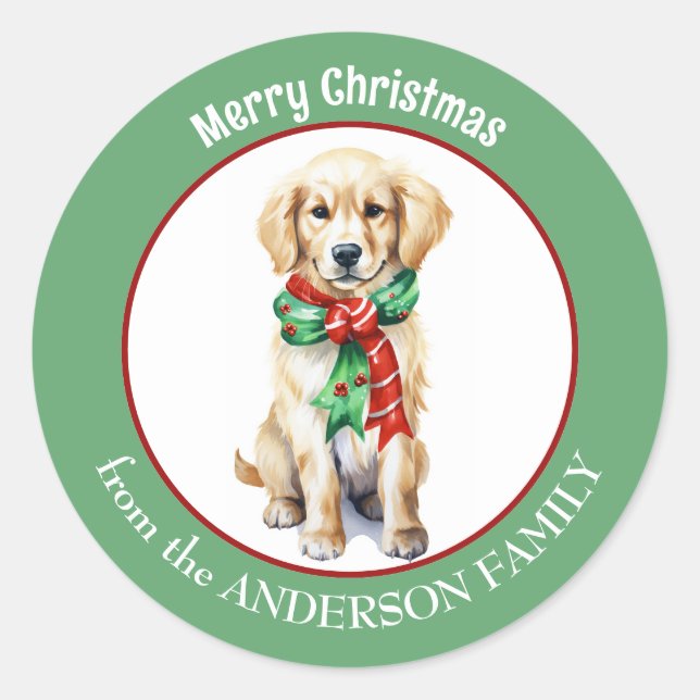 Sticker Rond Golden Retriever en rouge et vert Écharpe de Noël (Devant)