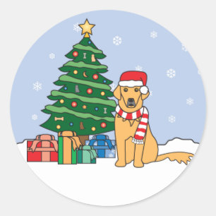 Sticker Rond Golden retriever et arbre de Noël