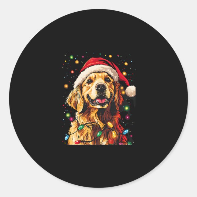 Sticker Rond Golden Retriever Funny dog Christmas Santa Hat lig (Devant)