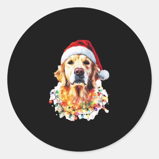 Sticker Rond Golden Retriever Funny dog Christmas Santa Hat lig (Devant)