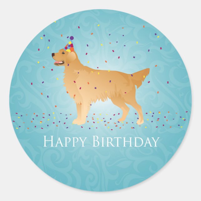 Sticker Rond Golden Retriever Happy Birthday Design (Devant)